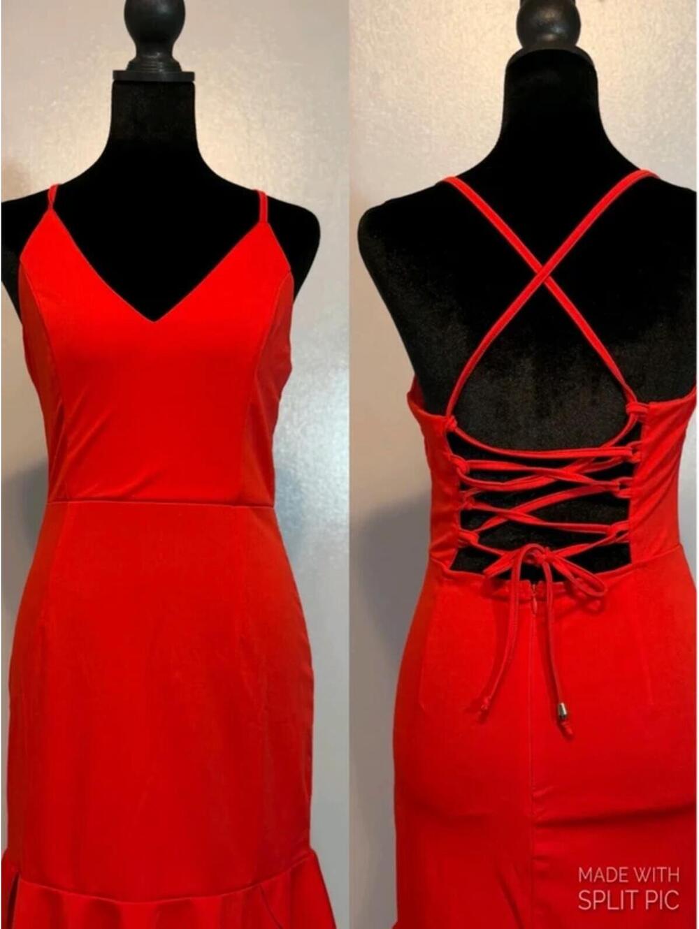 Red Lace Up Back Bodycon  Ruffle Hem Spaghetti Strap Mini Cocktail Date Night
